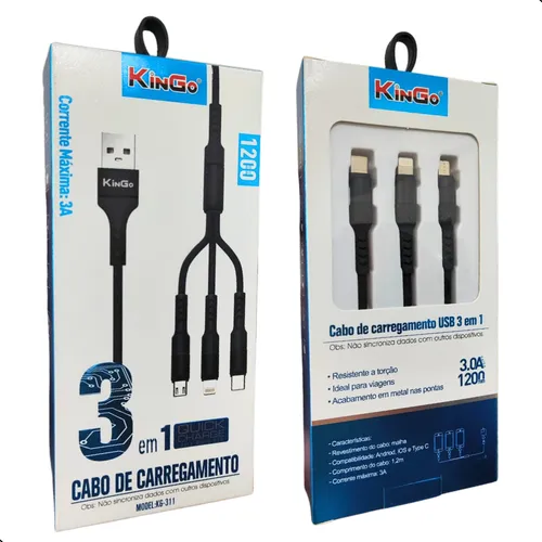 Cabo Usb Carregador 3 Em 1 3a 1.2m Kg-311 Kingo