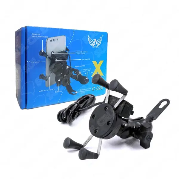 Suporte Garra Para Celular Moto Univesal Carregador p/ Smartphone Formato X (C-020)