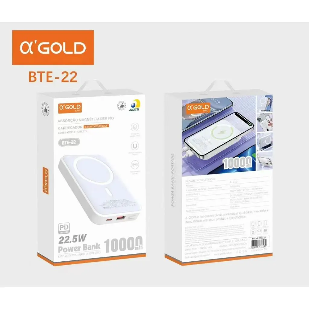 Power Bank Sem Fio Turbo A'Gold BTE-22 10.000mah 22.5W Magsafe Branco