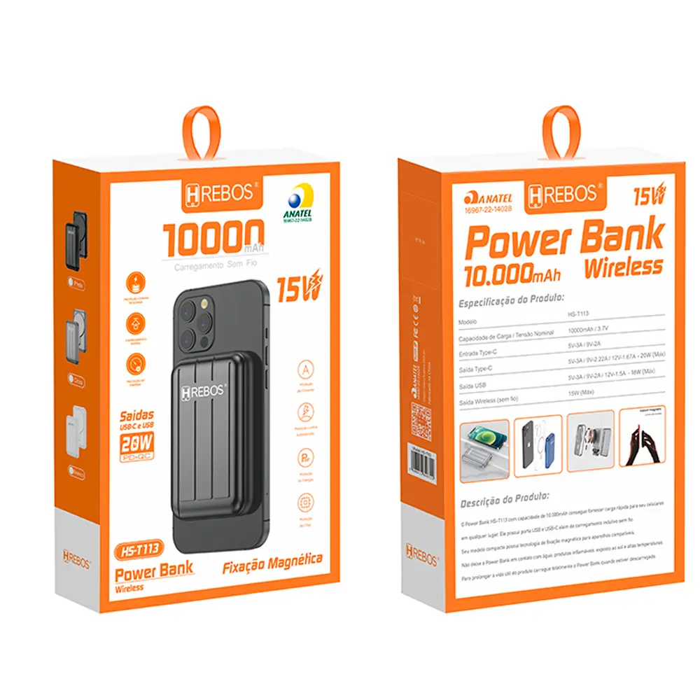 Carregador Portátil HRebos Indução MagSafe 10.000 mAh HS-T113